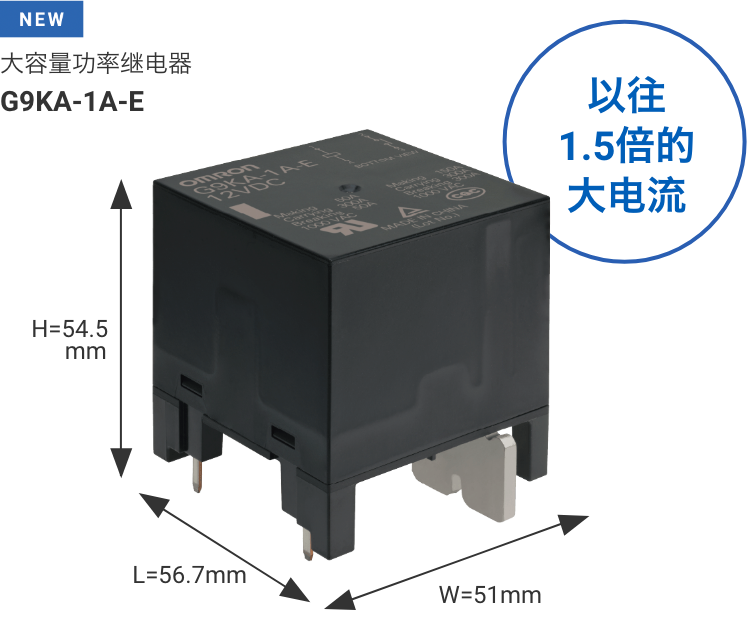 大容量功率继电器 G9KA-1A-E W51mm×L56.7mm×H54.5mm 以往1.5倍的大电流