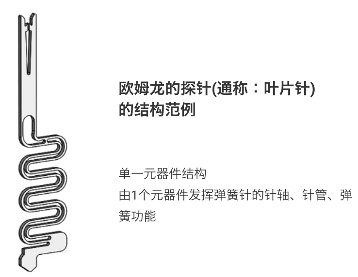 爱芮特斯的探针(通称：叶片针)的结构范例：单一元器件结构。由1个元器件发挥弹簧针的针轴、针管、弹簧功能。