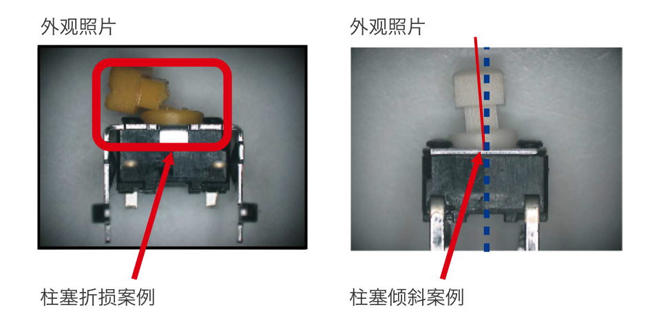 外观照片:柱塞折损案例 / 外观照片:柱塞倾斜案例