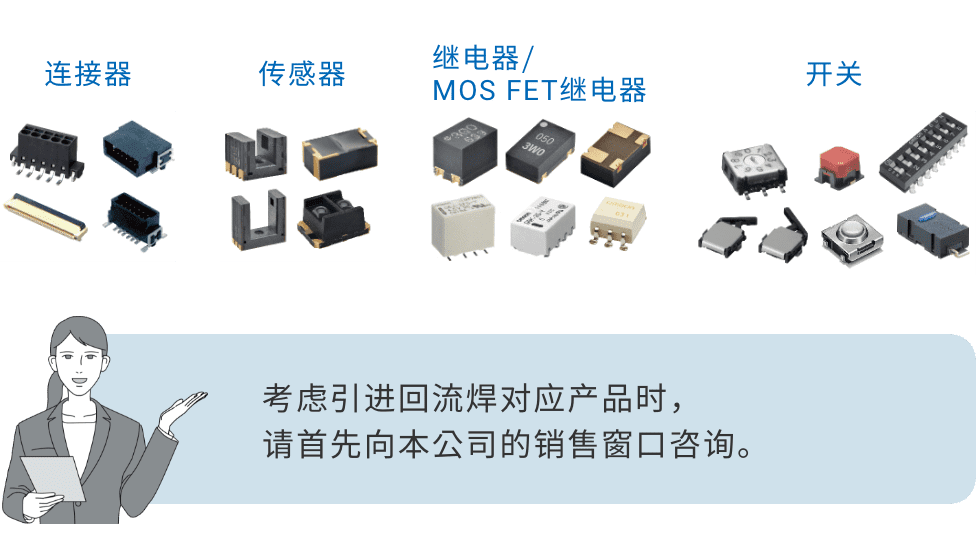 连接器、传感器、继电器/MOS FET继电器、开关。考虑引进回流焊对应产品时，请首先向本公司的销售窗口咨询。