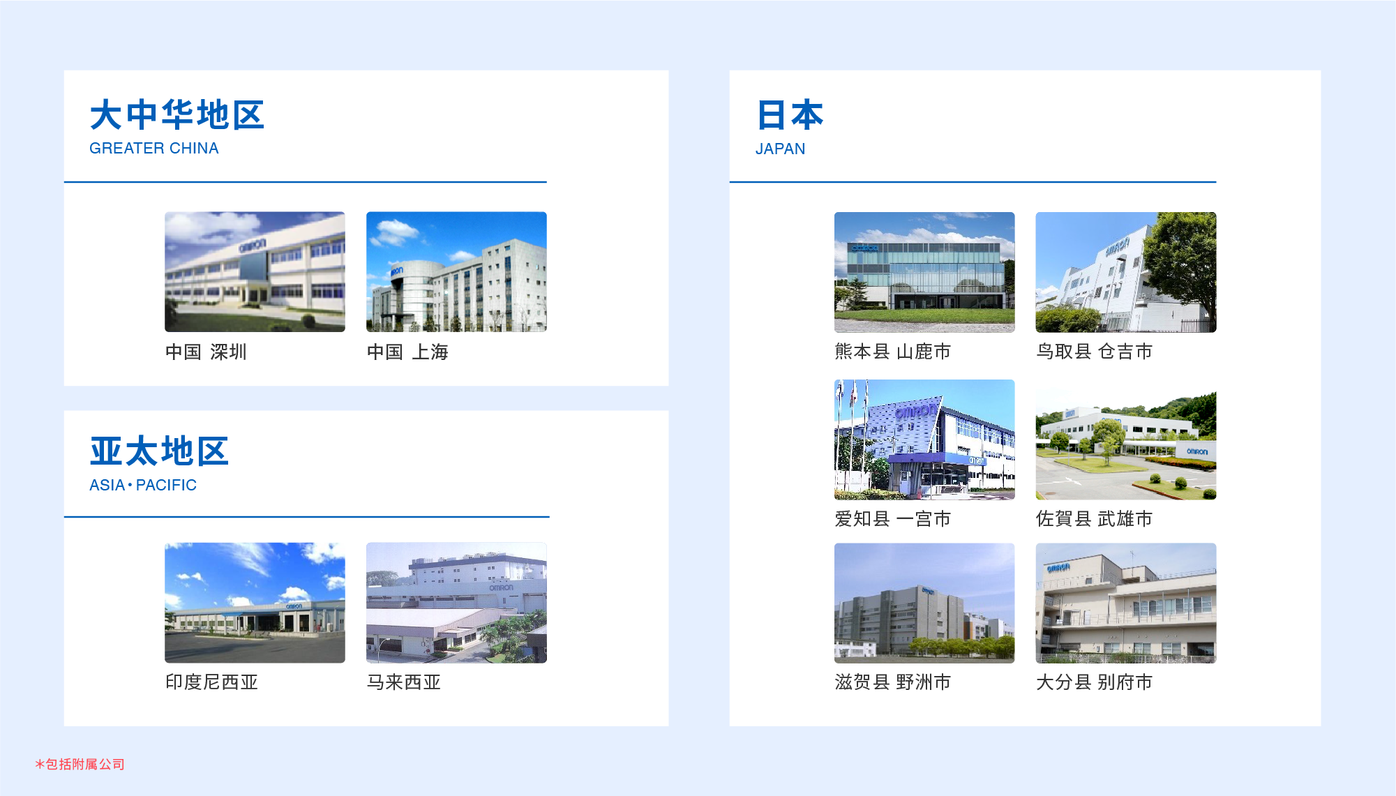 大中华地区(中国 深圳 / 中国 上海),日本(熊本县山鹿市,鸟取县仓吉市,爱知县一宫市,佐賀县武雄市,滋贺县野洲市,大分县别府市)